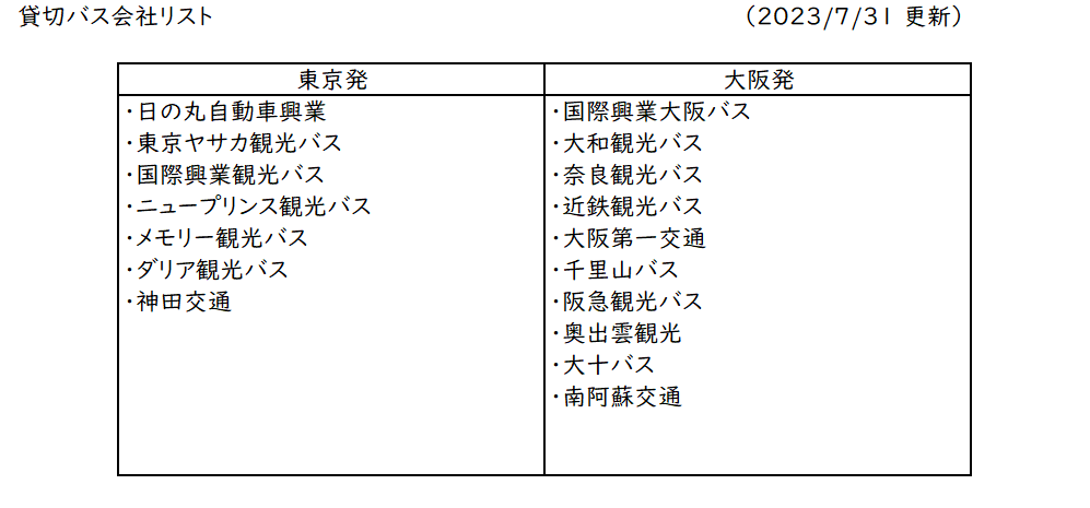 貸切バスリスト(2023年4月6日更新)